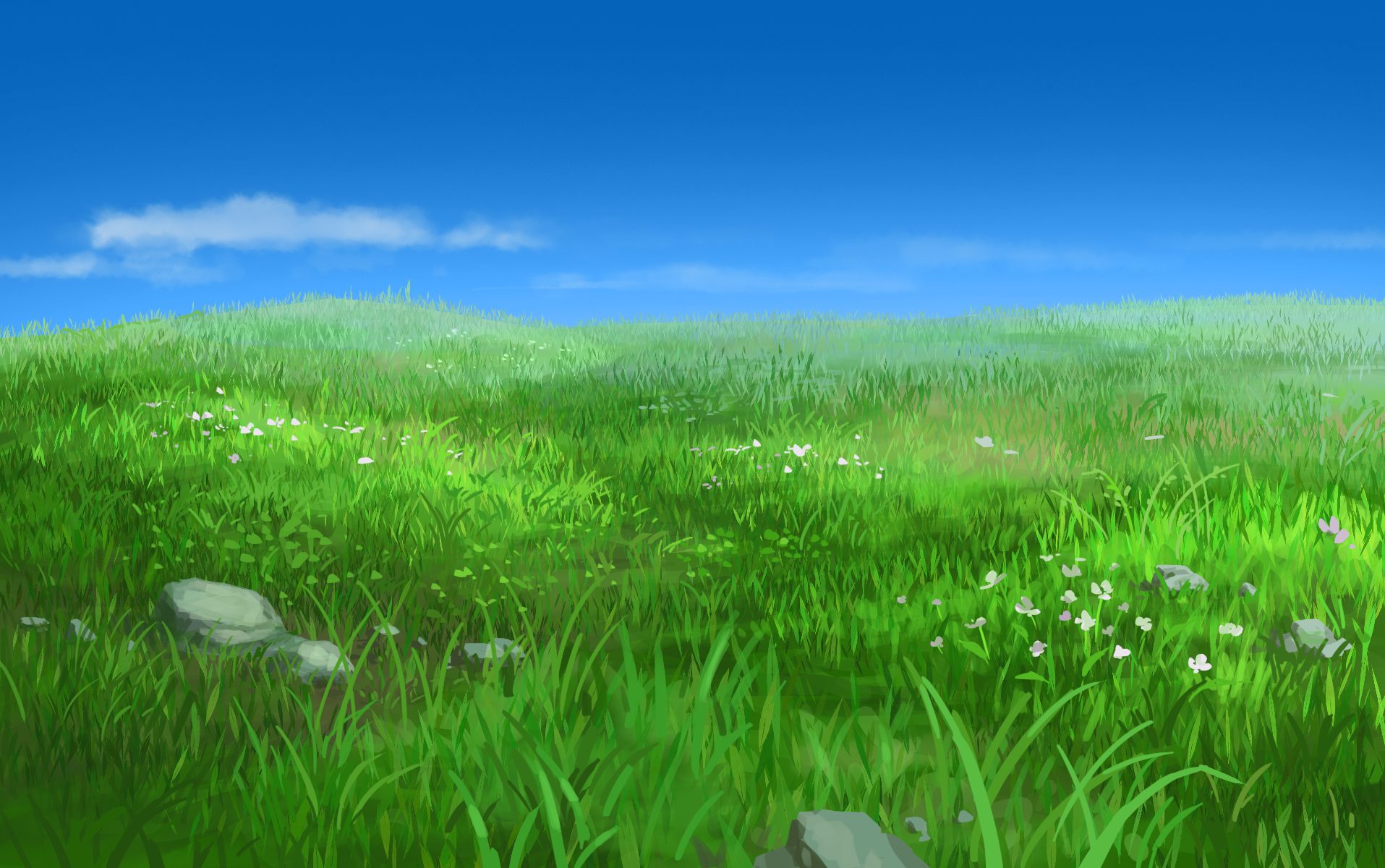 草原 油絵 花 絵画 フリー 素材 夏の野花の草原の風景 オリジナル油絵 田園